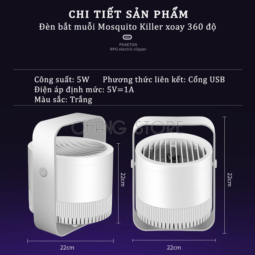 Đèn bắt muỗi Mosquito Killer Lamp Xoay 360 Cao Cấp, Đèn Bắt Muỗi Cảm Ứng Ánh Sáng, Quạt Hút Siêu Mạnh