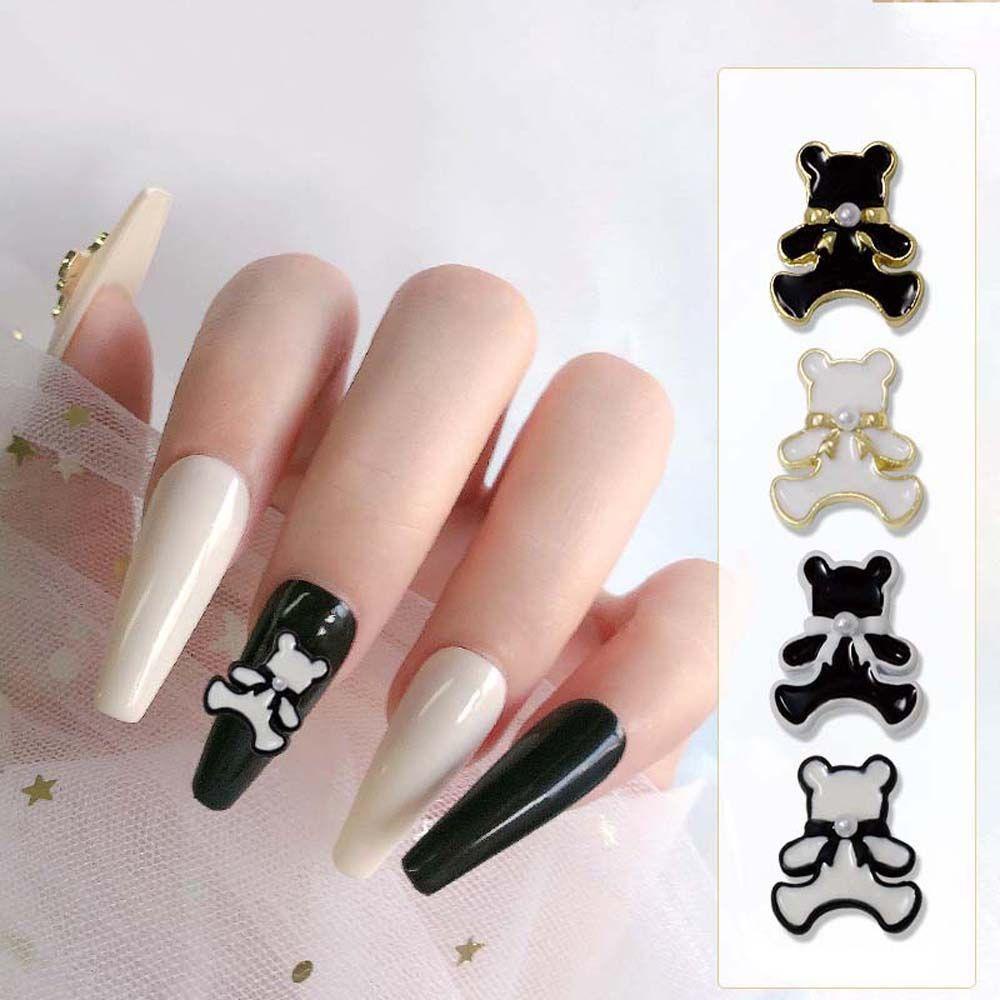 OCEANMAP Phụ Kiện Trang Trí Móng Tay 3D Bằng Hợp Kim Hình Gấu Màu Trắng Đen Thời Trang