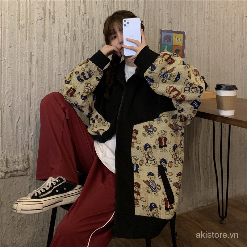 M-2XL Bigsize 95kg Áo khoác bóng chày nữ form rộng thời trang unisex hàn quốc áo bomber nữ bigsize họa tiết gấu phong cách đi chơi đi học 2AB8