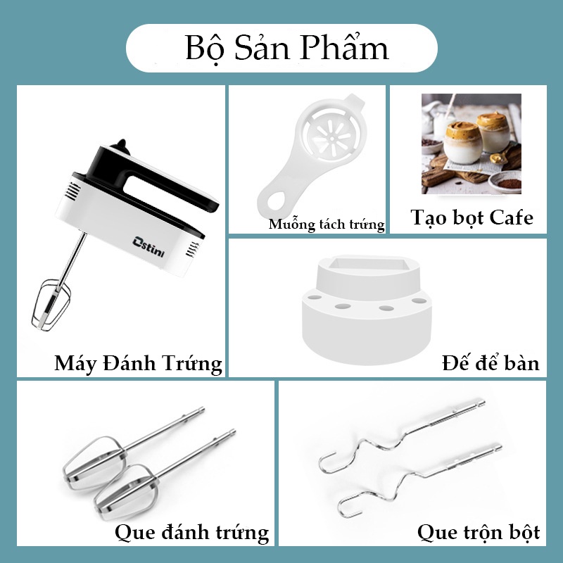 Máy Đánh Trứng, Đánh Kem, Nhào Bột Đa Năng Ostini 5 Chế Độ Công Nghệ Châu Âu - TẶNG KÈM ĐẾ ĐỂ BÀN VÀ MUỖNG TÁCH TRỨNG