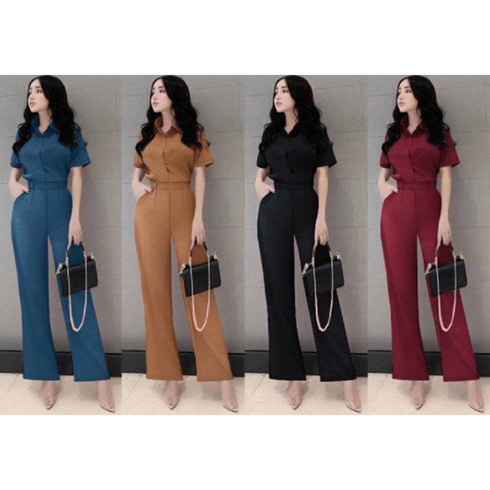 Set áo sơ mi quần dài ống suông dây kéo lưng xinh xắn