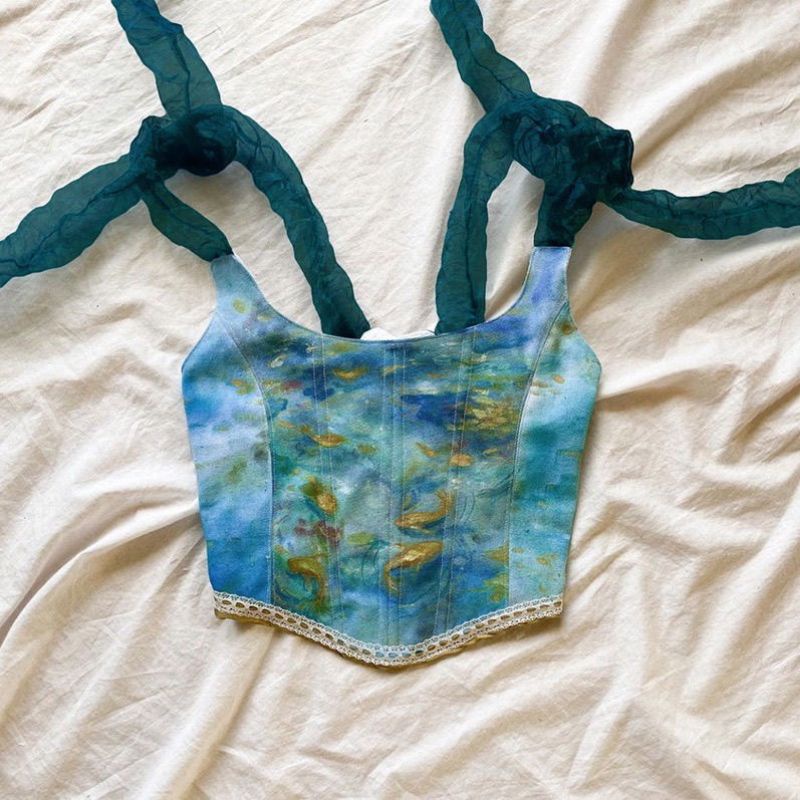 Corset Vintage, Áo Hai Dây Thắt Nơ, Áo Hai Dây Hoạ Tiết Tranh Sơn Dầu Phong Cách Retro ❤️