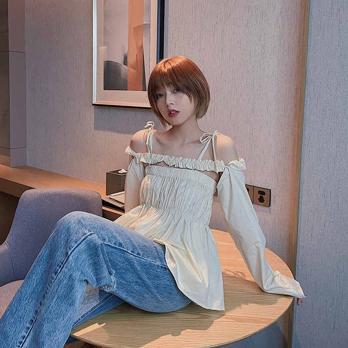 Ái tay dài trễ vai hai mảnh mỏng xếp ly | BigBuy360 - bigbuy360.vn