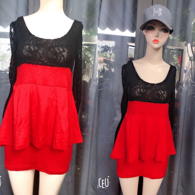 Đầm suông tay dài màu đỏ combo