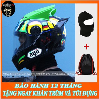 Nón bảo hiêm AGU tem rùa + đuôi gió + sừng tặng túi đựng và khăn ninja