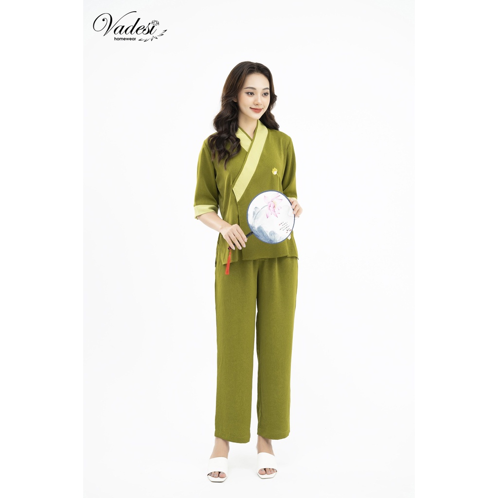 Đồ Lam Phật Tử Đi Chùa VADESI Bộ Thư Pháp Cài Chéo Tay Lỡ Lụa Tằm Pháp Cao Cấp Thêu Hoa Sen Nhiều Màu Không Nhăn Mềm Mại