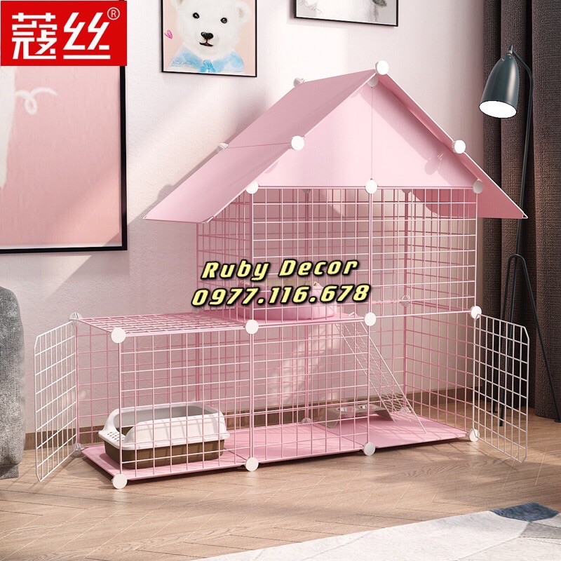 CHUỒNG/LỒNG/NHÀ NUÔI MÈO 2 TẦNG CÓ MÁI CHE CHẤT LIỆU LƯỚI SẮT PHUN SƠN TĨNH ĐIỆN (H110CM R35CM D110CM) - A360