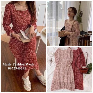 Váy hoa nhí vintage cổ vuông dài tay, Đầm hoa nhí dáng dài, Đầm vintage dài tay - Maris Fashion Week