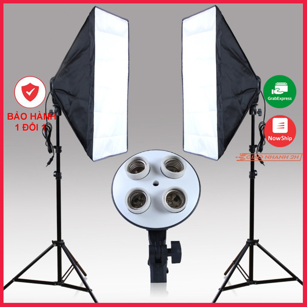 Bộ Đèn Studio Chụp Ảnh Sản Phẩm Chân Đèn 2m Kèm Softbox 50x70 Hỗ Trợ Sáng, Đui 4 Bóng