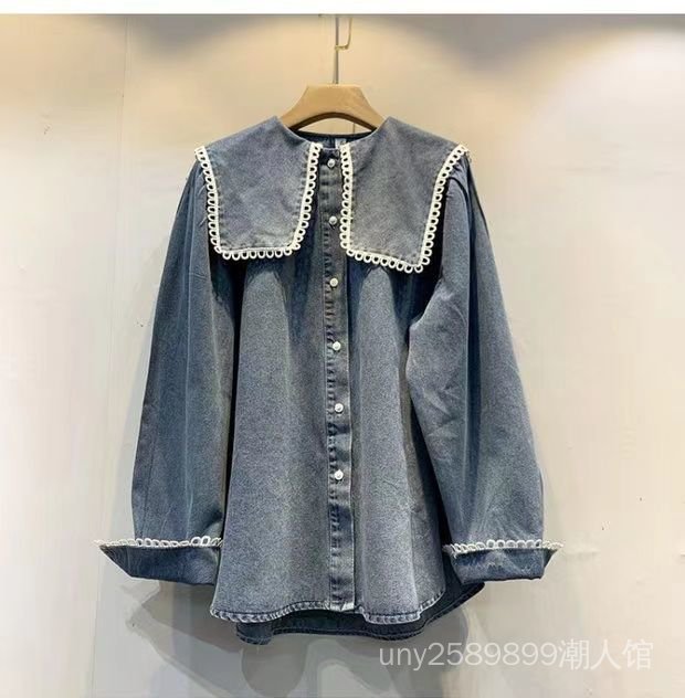 Áo Sơ Mi Denim Tay Dài Dáng Rộng Cổ Búp Bê Thời Trang Dành Cho Nữ 2021