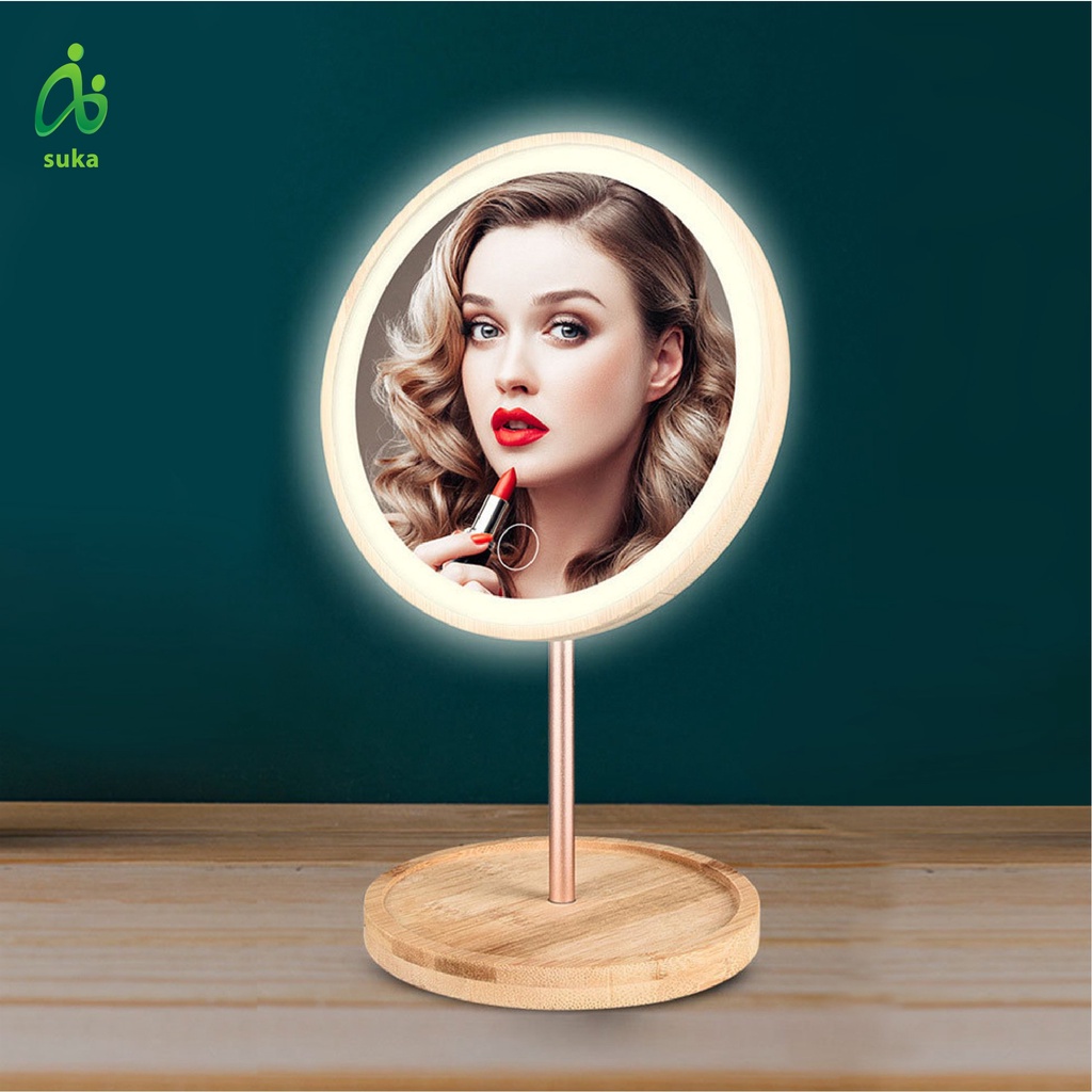 Gương gỗ trang điểm hình tròn, Gương soi có đèn LED phong cách Hàn Quốc hiện đại