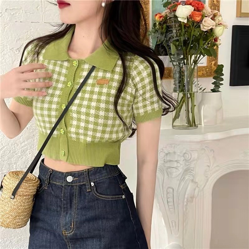 ZHELIHANGFEI Áo Croptop Dệt Kim Tay Ngắn Phong Cách Hàn Quốc Thời Trang Mùa Hè Xinh Xắn Cho Nữ