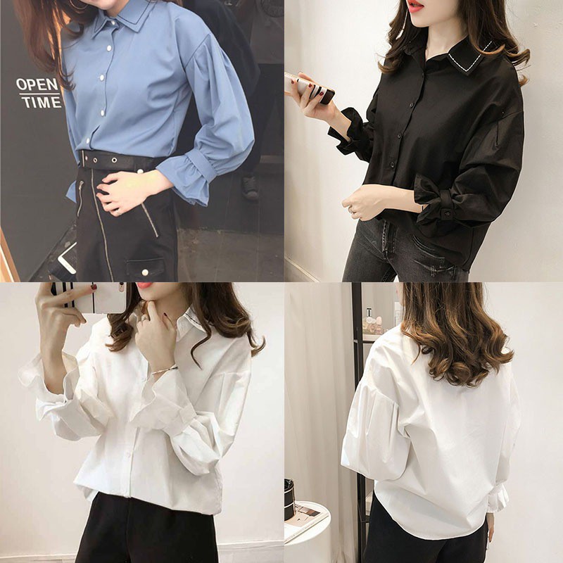 Áo sơ mi cổ bẻ dài tay phong cách Hàn Quốc trẻ trung thanh lịch dành cho nữ | BigBuy360 - bigbuy360.vn