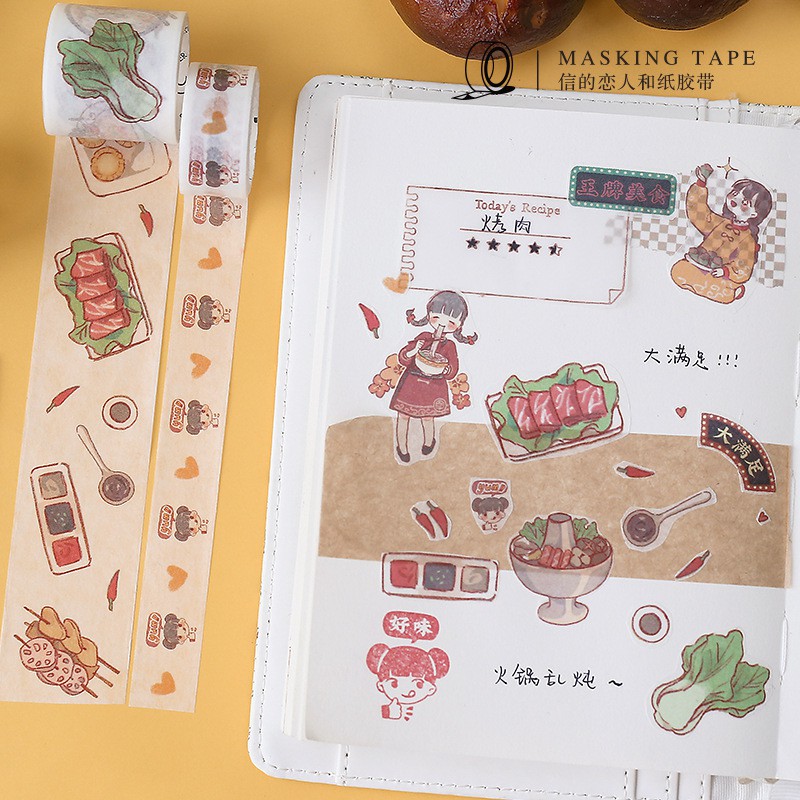 Set 3 Cuộn Băng Dính Washi Tape Văn Hóa Ẩm Thực Trang Trí Scrapbook, Planner Dài 3m