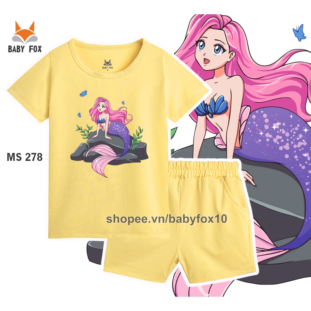 Bộ thun bé gái 100% cotton vải tốt, thương hiệu BABY FOX, in hình nàng tiên cá, size nhỏ, trung, đại c
