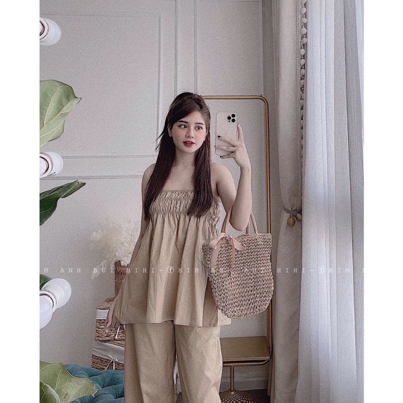 Set đồ đi chơi hàng QCCC áo 2 dây đũi xước kết hợp quần form rộng | BigBuy360 - bigbuy360.vn