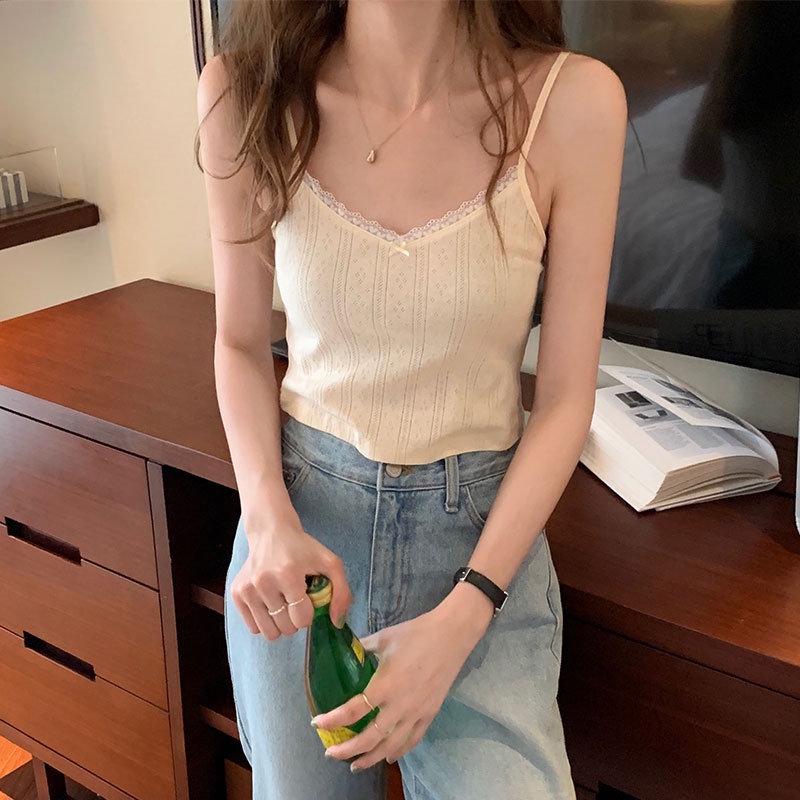 Áo hai dây phối ren màu trơn đơn giản trẻ trung 43924