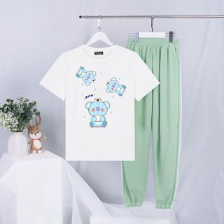 Sét Bộ Đồ Nữ Mặc Đi Chơi Dạo Phố Mùa Hè, Áo Phông Cotton In Ba Voi Kèm Quần Thun Xanh Bo Gấu Phong Cách Hàn Quốc