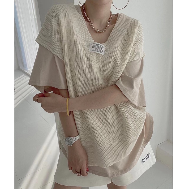 IELGY Áo Dệt Kim Mỏng Mùa Hè Dáng Suông Cộc Tay Cổ Chữ V Cho Nữ