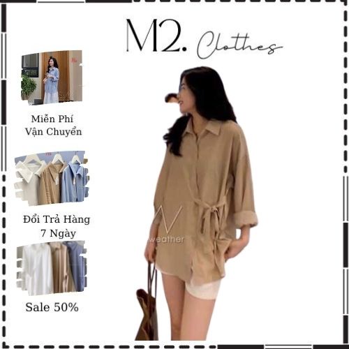Áo sơ mi nữ thắt nơ bụng chất lụa mềm 3 màu trắng,xanh,nâu form suông rộng m2.clothes