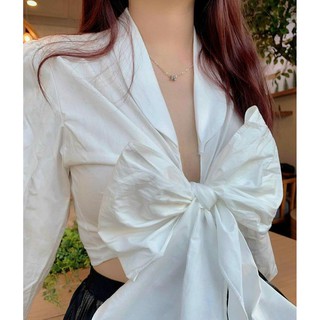 Áo sơ mi trắng croptop cột nơ