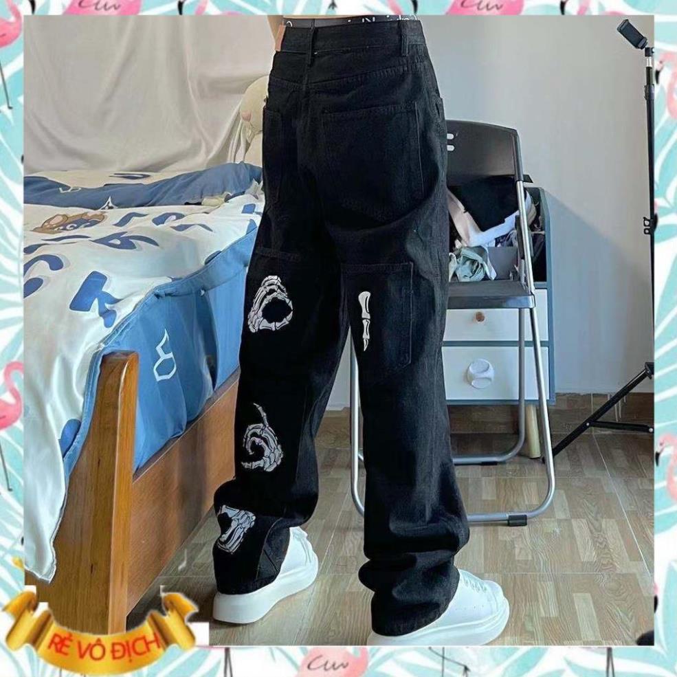 Quần jean ống rộng họa tiết tay xương phong cách hiphop