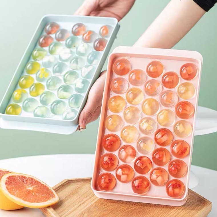 Khay Làm Đá Bi Tròn Tủ Lạnh - Khuôn Làm Thạch Hoa Quả 33 Viên Có Nắp Đậy Hàng Việt Nhật An Toàn Chất Lượng.