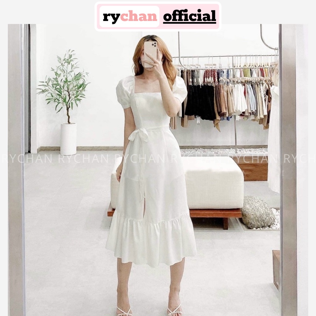 Đầm Váy Nữ Dự Tiệc Cưới Cổ Vuông Đuôi Cá Tay Ngắn Thắt Nơ Eo Xẻ Tà Quyến Rũ 2 Màu Nude Trắng [ẢNH THẬT CUỐI] - DX9708
