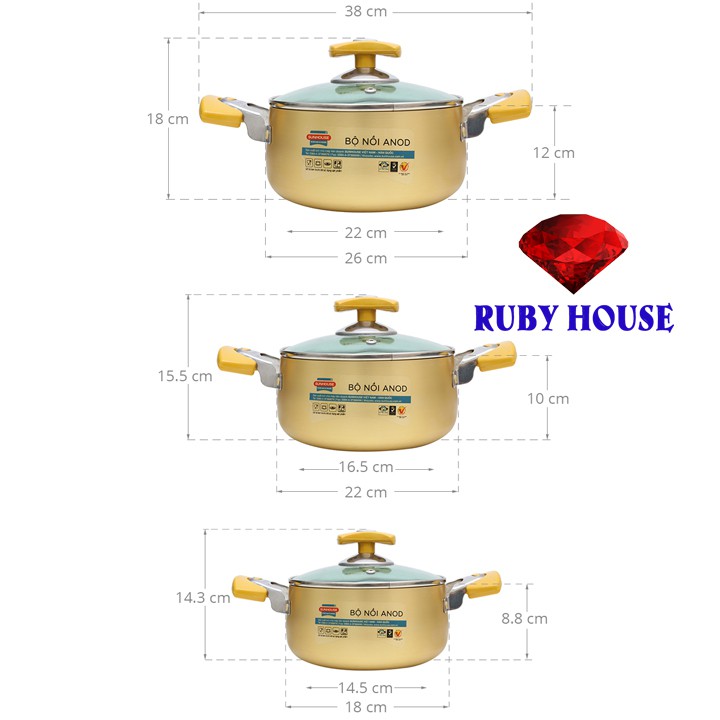 [CHÍNH HÃNG] Bộ nồi Sunhouse màu vàng mã 6634( 3 chiếc) SIÊU DÀY-Ruby House