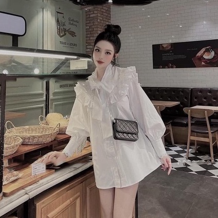 Áo sơ mi ren BIGSIZE bánh bèo cổ tàu thắt nơ xinh xắn áo sơ mi nữ dài tay form rộng giấu quần , Có kèm ảnh và video