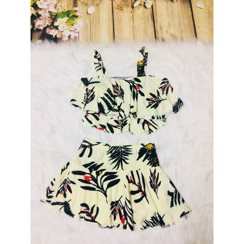 (bỏ sỉ)Set áo 2 tầng 2 dây họa tiết lá+ váy có quần bên trong đẹp y hình (2 màu) | BigBuy360 - bigbuy360.vn