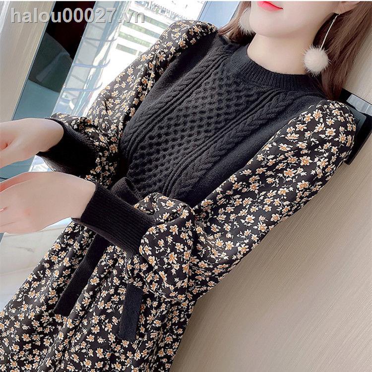 Đầm dệt kim in hoa thời trang mùa đông năm mới cho nữ