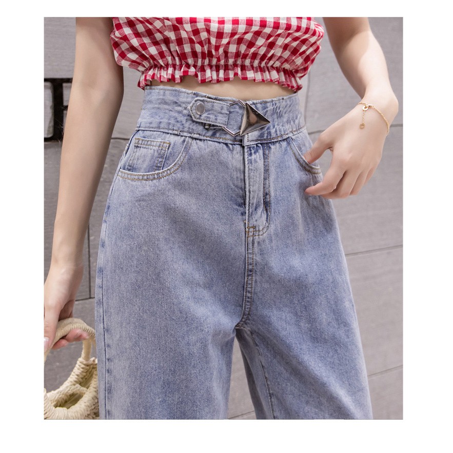 QUẦN BAGGY JEAN NỮ KHOEN TAM GIÁC LƯNG CAO MÀU XANH NHẠT LAI CUỐN CAO CẤP UTI ĐỦ SIZE S, M, L CHẤT NHƯ NƯỚC CẤT