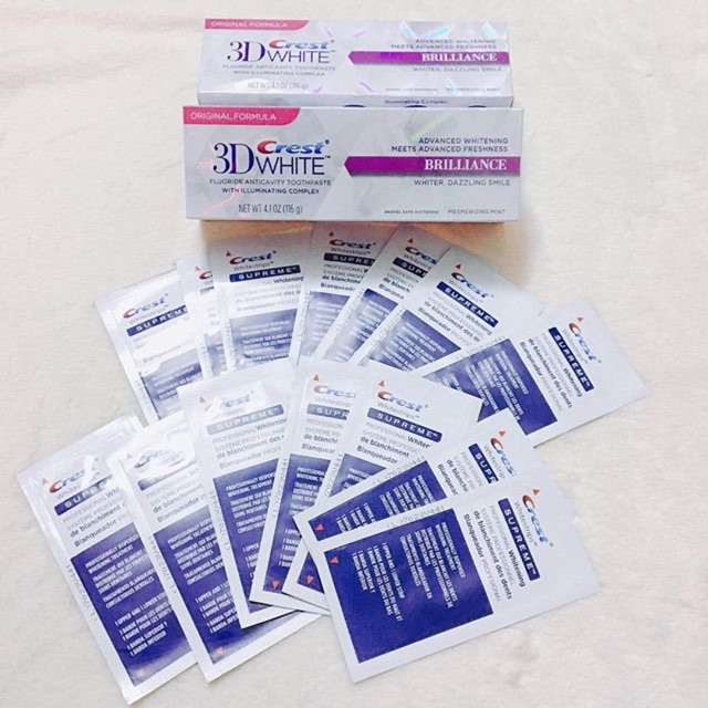 Combo Miếng dán trắng răng Crest Supreme + Kem đánh răng Crest Brilliance 116gr