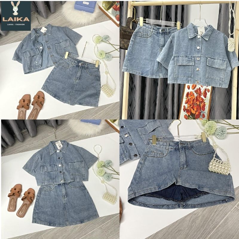 Set jean mix chân váy chất đẹp - Set Bò Denim Cao Cấp Áo Bò Tay Cộc Mix Chân Váy - LAIKA