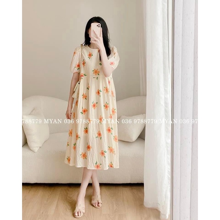 Váy Bầu dáng suông dài rộng họa tiết  Hoa Cam sang chảnh V340