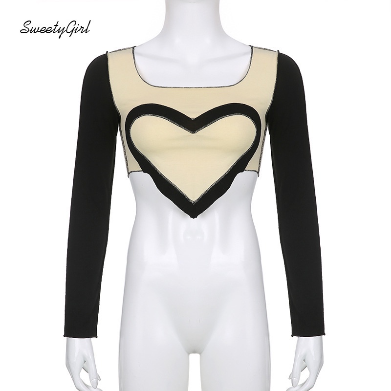 Áo Thun Tay Dài Cổ Vuông Ôm Eo Màu Sắc Tương Phản Quyến Rũ Thời Trang 2022 Cho Nữ