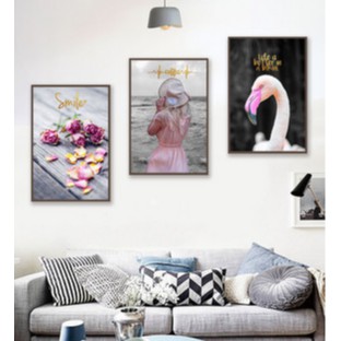 Bộ 3 tranh canvas hoa cô gái và thiên nga hồng 40x60 kèm khung
