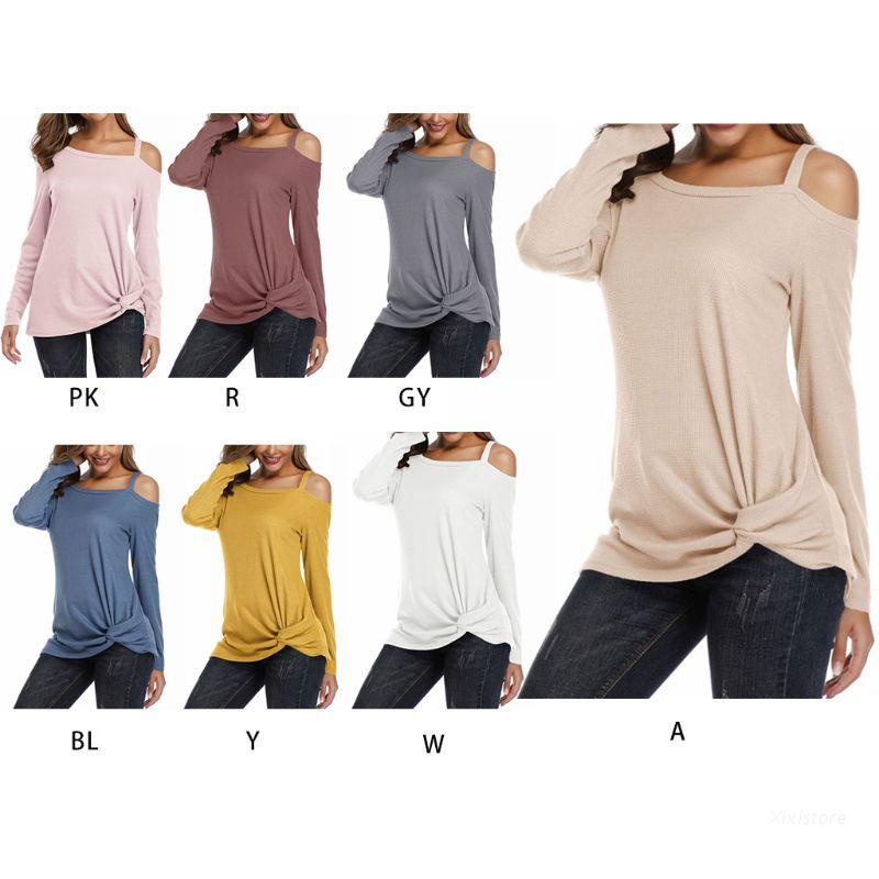 Xixi Áo Thun Tay Dài Dáng Rộng Hở Vai Màu Trơn Thắt Nút Phía Trước Size S-2Xl Cho Nữ