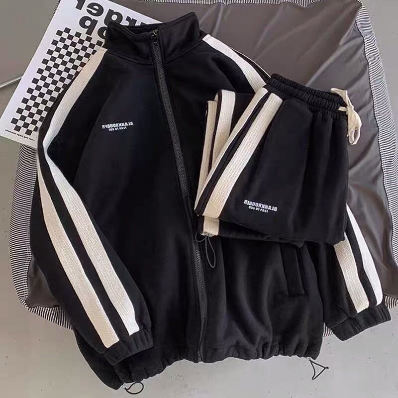 Bộ Khóa Cổ Cao 2 Sọc Bản To Blank Unisex  Set đồ áo hoodie zip dài tay phồng mix quần suông ống rộng  hàn quốc