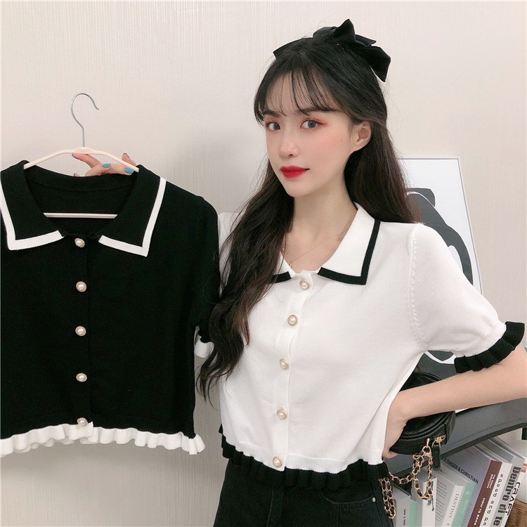 Áo Ulzzang nữ dáng croptop cổ Polo chất len tăm đen viền trắng độc đáo phong cách Hàn Quốc C23 - Maoshop