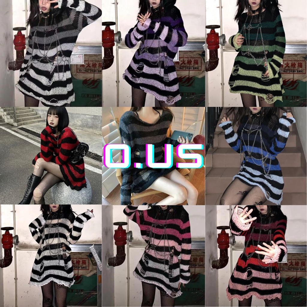 Áo len dài váy kẻ ngang rách gấu tạo layer cá tính phong cách Châu Âu Lady Ghost