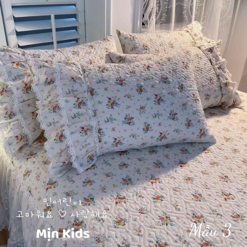 Set ga gối chần bông bo chun, ga gối MỊN KIDS, hoạ tiết hoa nhí Hàn Quốc