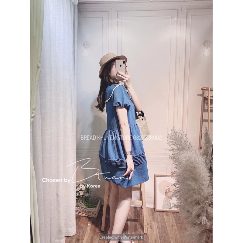 [Mã SKAMA06 giảm 8% tối đa 50K đơn 250K] Váy xanh xếp ly tay bồng cổ viền | BigBuy360 - bigbuy360.vn