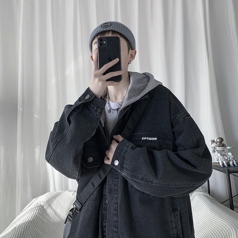 Áo Khoác Denim Có Mũ Trùm Dáng Rộng Phong Cách Hàn Quốc Harajuku Mùa Hè Cho Nam TF1
