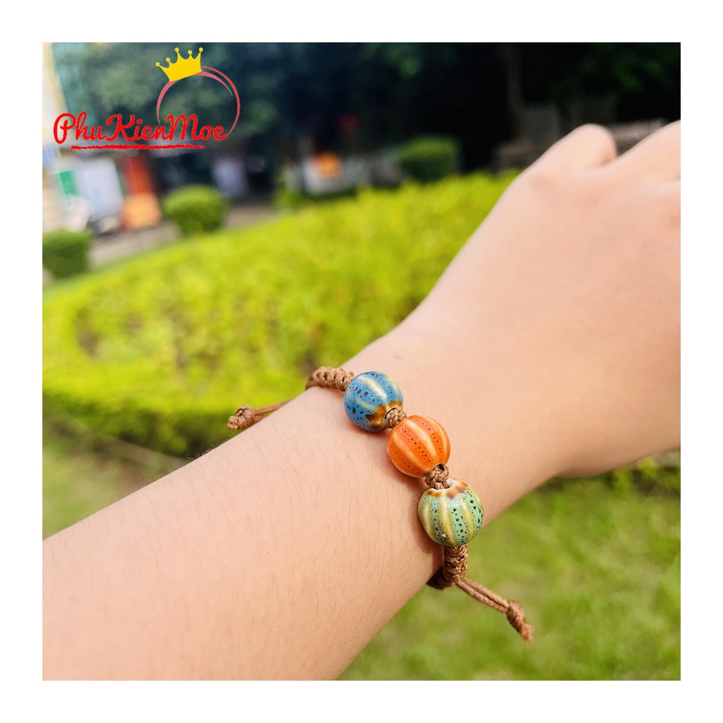 Vòng tay dây rút 3 hạt thổ cẩm vintage bản to hình kẹo , PhuKienMoe handmade