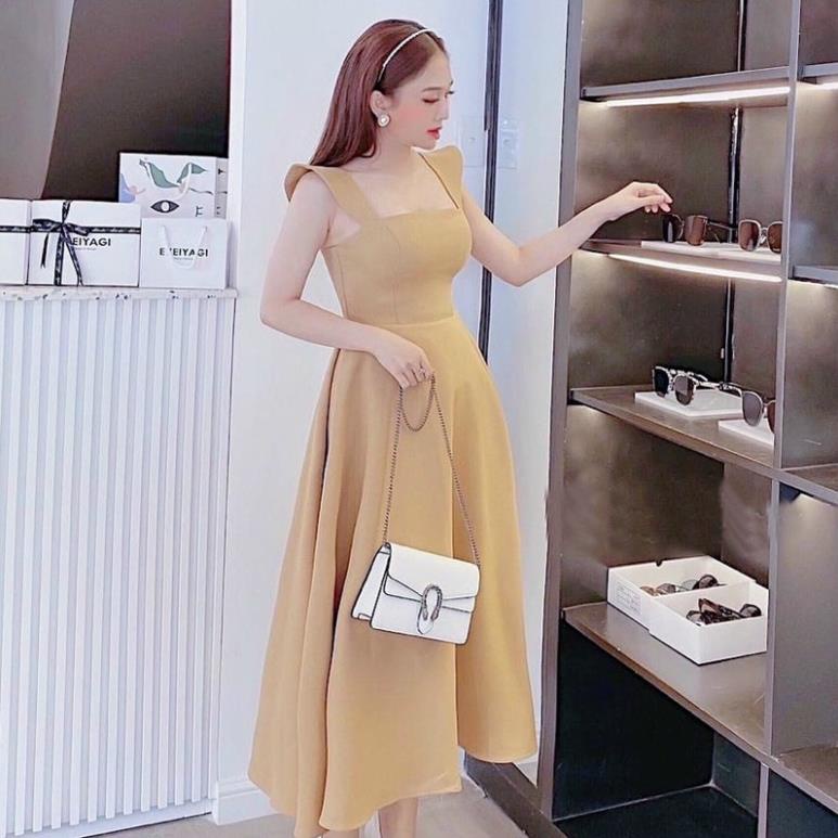 X2 Đầm dáng xòe công chúa màu kem form dài tay nhí chất for cánh tiên cổ vuông dự tiệc đám cưới thanh lịch