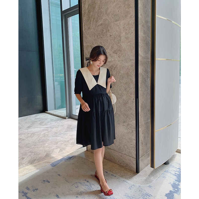 Váy đầm bầu dáng xuông cổ thủy thủ thiết kế công sở,dự tiệc cho mẹ bầu phong cách hàn quốc sang trọng lịch sự mới mùa hè