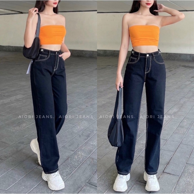 Quần Jeans Nữ AIORI Ống Rộng Lưng Cao Màu Đen Chỉ Nổi Lai Cuốn Kiểu Quần Bò Suông Trơn Phong Cách Thời Trang_Mã S3415