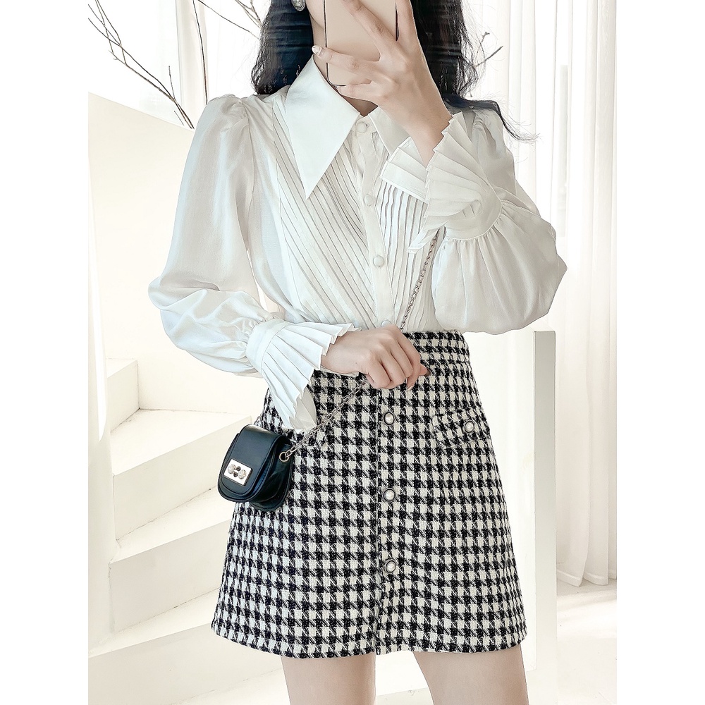 Áo sơ mi lụa thiết kế by LYRA, chất lụa cap cấp xếp ly ngực cổ lá sang chảnh, tiểu thư-LWTSM016